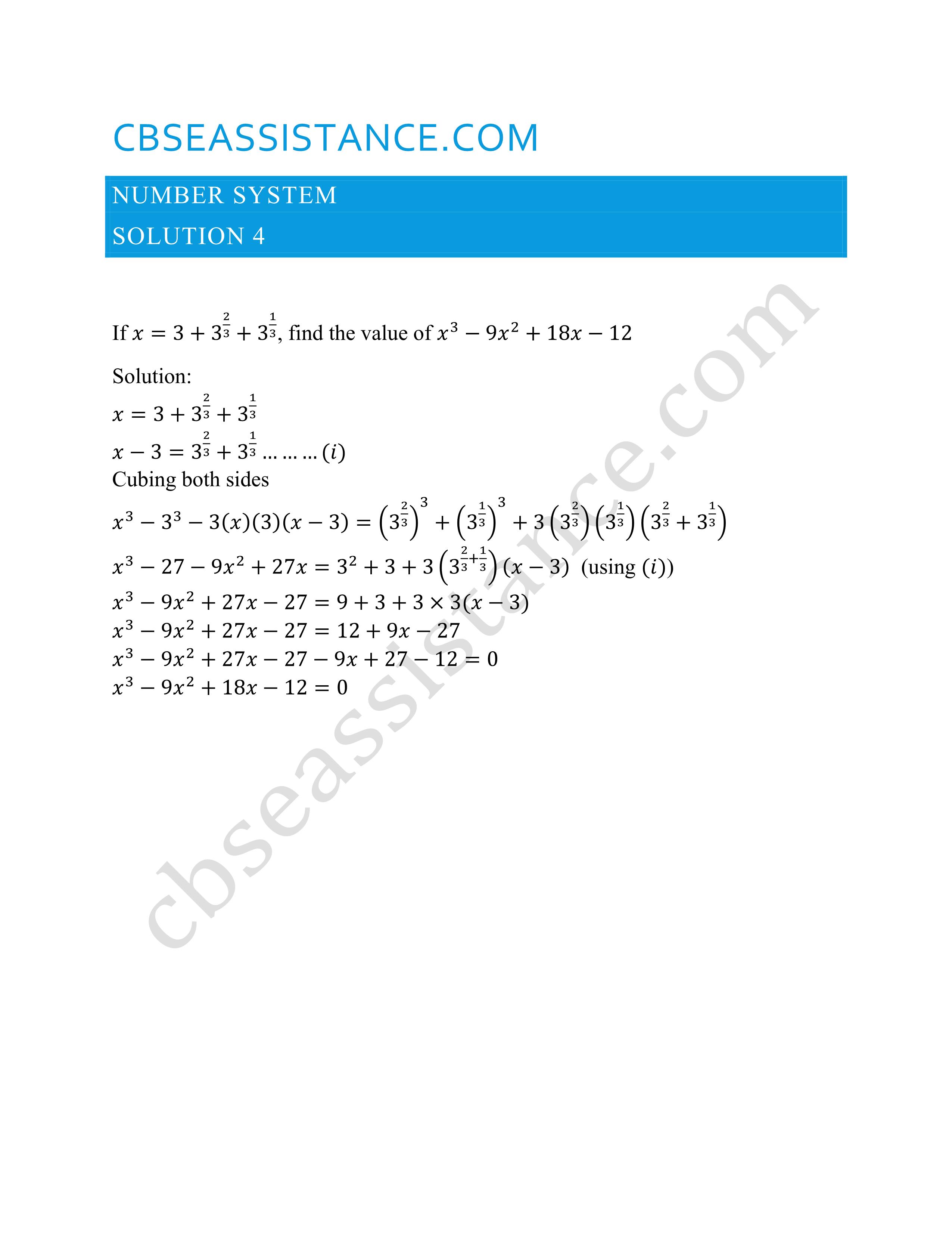 If X 3 3 2 3 3 1 3 Find The Value Of X 3 9x 2 18x 12 Cbseassistance